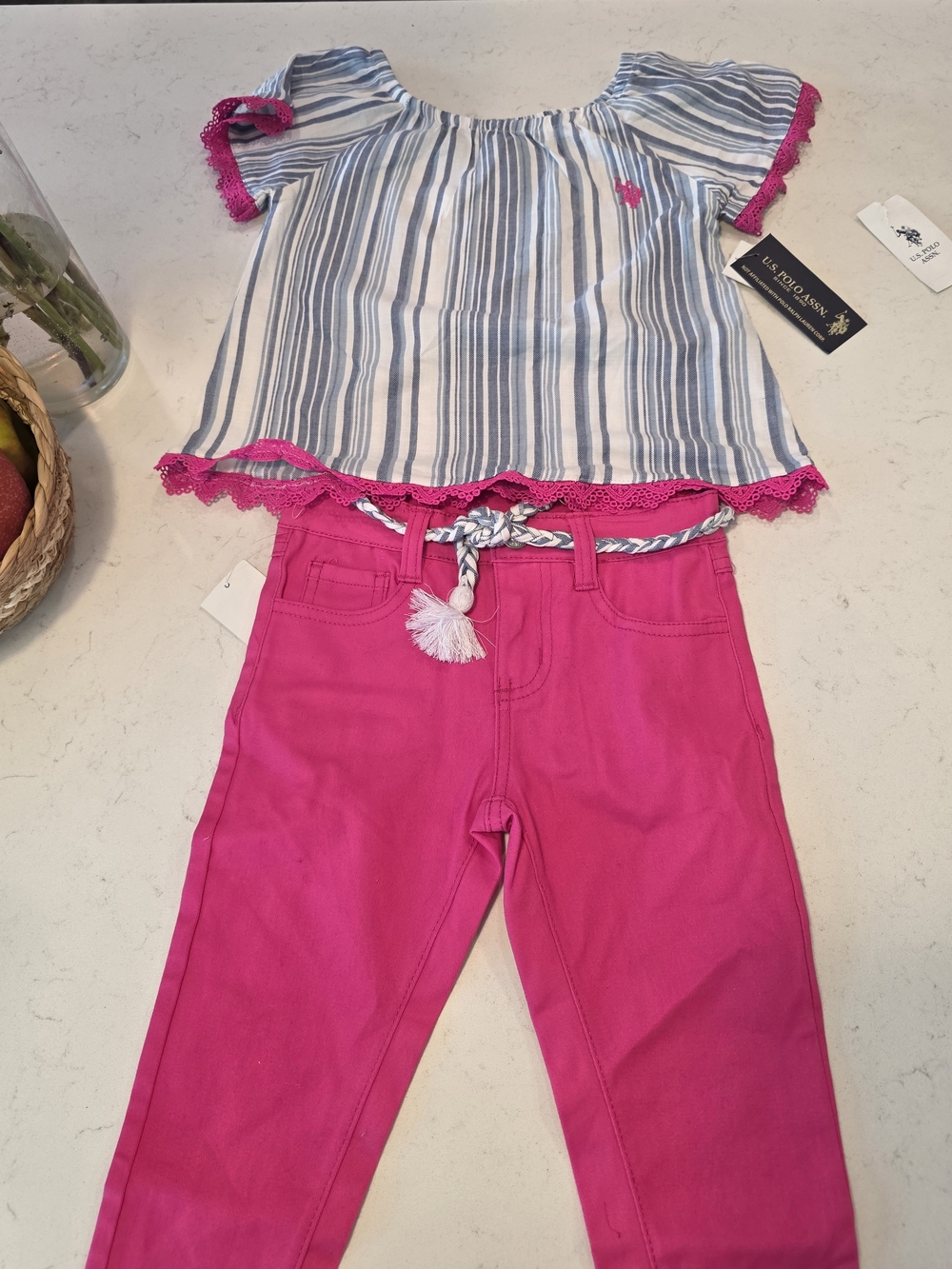 U.S. Polo Assn Girls 2-Piece Set Size 5 NWT Striped Lace Top Pink Pants Belt